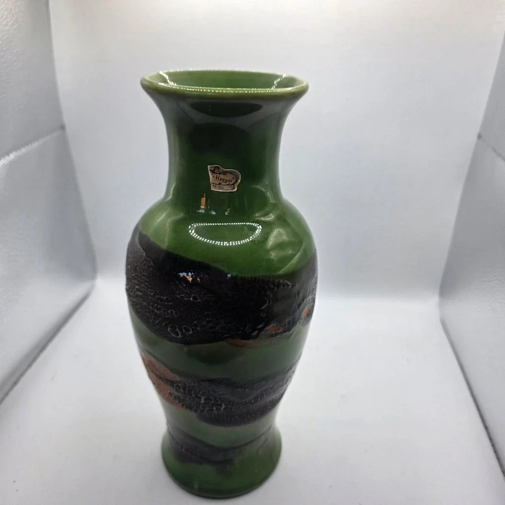 Vintage Haeger Pottery Vase Green Brown Orange Textured Glaze MCM Art Pottery